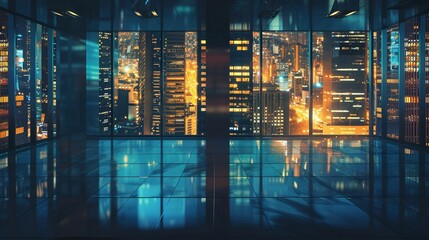 Empty office room with a view of the modern business skyscrapers and high-rise buildings at night . - obrazy, fototapety, plakaty