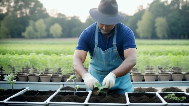 A man in a hat is tending to a field of plants. He is kneeling down and touching the plants.