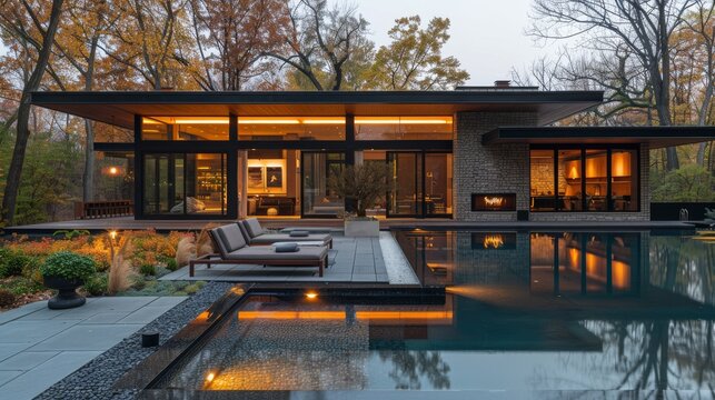 Elegant modern home with inviting warm lights and a serene reflection in the backyard pool