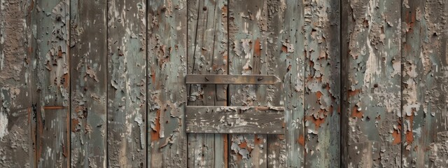 A weathered wooden door with a chipped paint surface, revealing a smooth, unpainted square in the center.