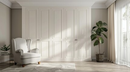 Naklejka na ściany i meble Front view of a spacious, white wardrobe in the traditional American style, in a bright room with an open door. Advertising of ergonomic furniture 