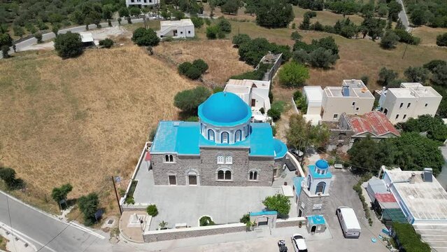 Aerial view of the Church of the Assumption of the Virgin Zia in Lagoudi Zia village in Greece