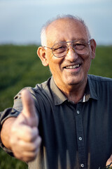 Portrait of smiling senior farmer standing in wheat field showing thumb up.