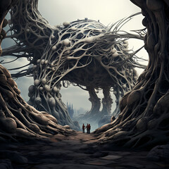 Ancient tree roots intertwining forming futuristic settlements - obrazy, fototapety, plakaty