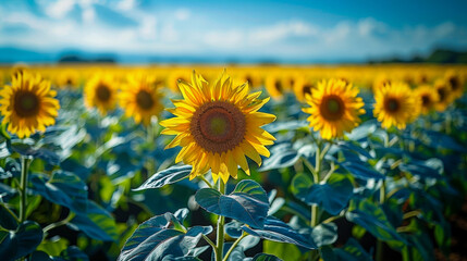 Radiant beauty: sunflower field under a blue sky