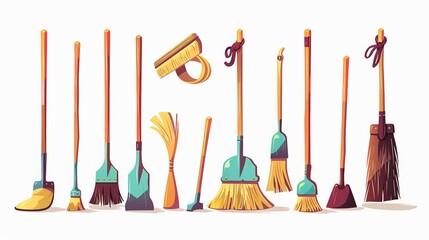Broom and mop for housework. sweeper brooms, dustpan-equipped cleanup brooms, and household cleaning mops.  Isolated cartoon vector illustration symbols set - obrazy, fototapety, plakaty