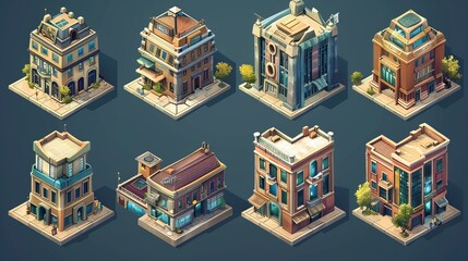 Isometric building set for design. There are additional comparable illustrations available.   combined to create a city.  - obrazy, fototapety, plakaty