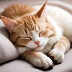 a cat is sleeping on a pillow on the bed, - obrazy, fototapety, plakaty