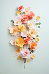 Fototapeta na wymiar paper flower decorations that is made with colorful flowers and green leaves