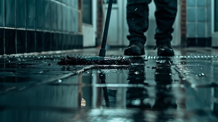 A Janitor Mopping Floor's Lower Part - obrazy, fototapety, plakaty