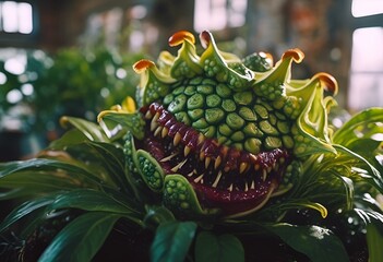an animal's face made out of fake fruit in the shape of a plant