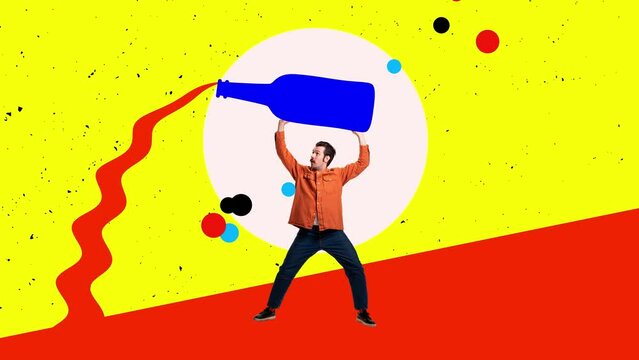 Young man raising huge drawn wine bottle over his head isolated on bright background. Stop motion, animation. Inspiration, idea, trendy urban magazine style, fashion and style.