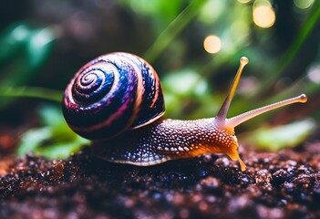 a snail crawling over dirt and weeds in the grass near the water - obrazy, fototapety, plakaty