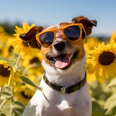 AI-generated illustration of a cool dog in a sunflower field wearing stylish sunglasses