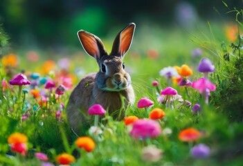 Fototapeta na wymiar AI generated illustration of a charming bunny with elongated ears frolics in a vibrant flower meadow