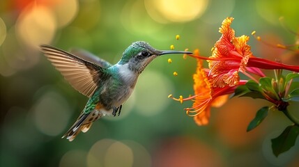 a bird hovers over an orange flower in the middle