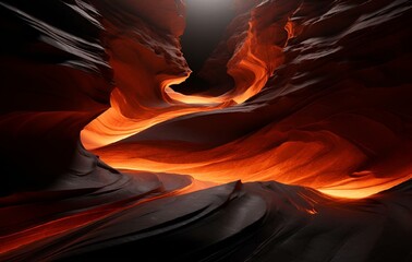 AI-generated illustration of the bright glow of magma illuminating the dark narrow gorge