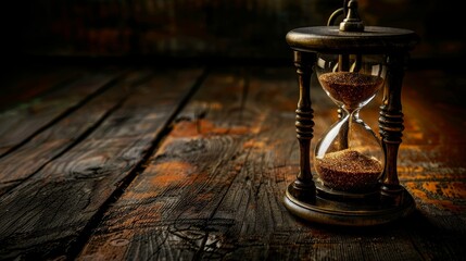 The hourglass of time in vintage wood table, hand pocket watch, dark backgorund. - obrazy, fototapety, plakaty