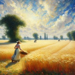 AI generated illustration of an impressionist painting of a wheat field - obrazy, fototapety, plakaty