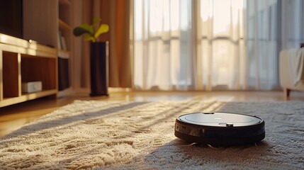 Modern robot vacuum cleaner on soft carpet in living room