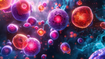 A digital illustration showcasing a dynamic contrast between healthy cells enhanced by vitamin C. - obrazy, fototapety, plakaty