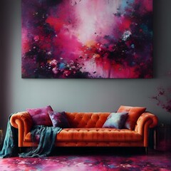 Orange couch placed against a captivating pink and purple abstract artwork, AI-generated.