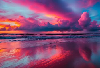 the sunset over the ocean and clouds, reflected in water