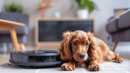 Pet-friendly intelligent vacuum cleaner. Adorable puppy golden cocker spaniel working next to a robot vacuum cleaner. smart technology concept