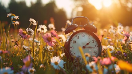 Portriat of alarm clock on summer field with flowers, morning sunlight.