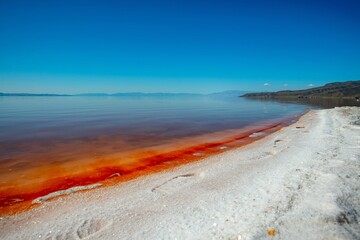 Scenic view of the shore of Lake Urmia in Iran on a sunny day