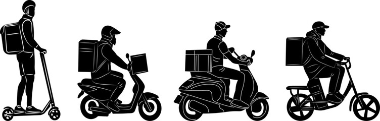 couriers on mopeds and scooters set of silhouettes on a white background vector