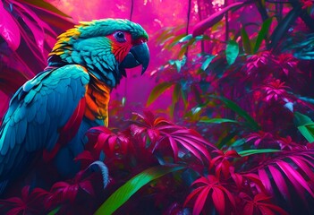 AI generated illustration of a parrot in neon colors
