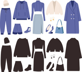 set of stylish women's clothing in flat style set on white background vector - 781956291