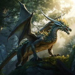 AI generated illustration of a dragon perched on a tree stump in sunlight