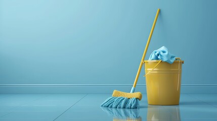 Floor cleaning tools, realistic 3D rag mop and plastic bucket. broom and bucket to clean up. Cleaning supplies for the home and  damp floor concept.  Housekeeping or domestic tasks - obrazy, fototapety, plakaty