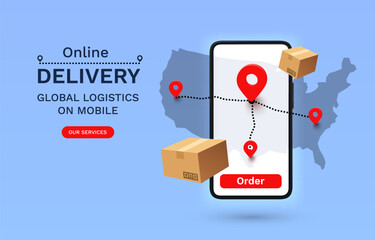 Online Delivery global logistics on mobile, delivery within the USA. Vector illustration