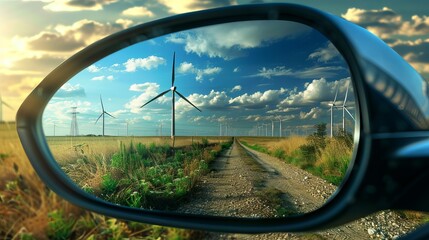rearview mirror driving a car and seeing an electric windmill generator