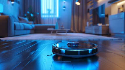 The apartment is automatically cleaned by a robot vacuum cleaner at a predetermined time. Smart home