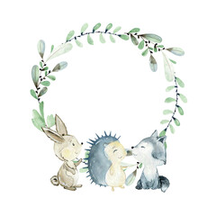 Baby shower wreath. Vector watercolor woodland card with animals. - 781957018