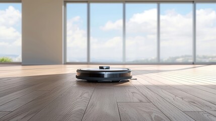 Vacuum cleaner robot for laminate floors in the living room - obrazy, fototapety, plakaty