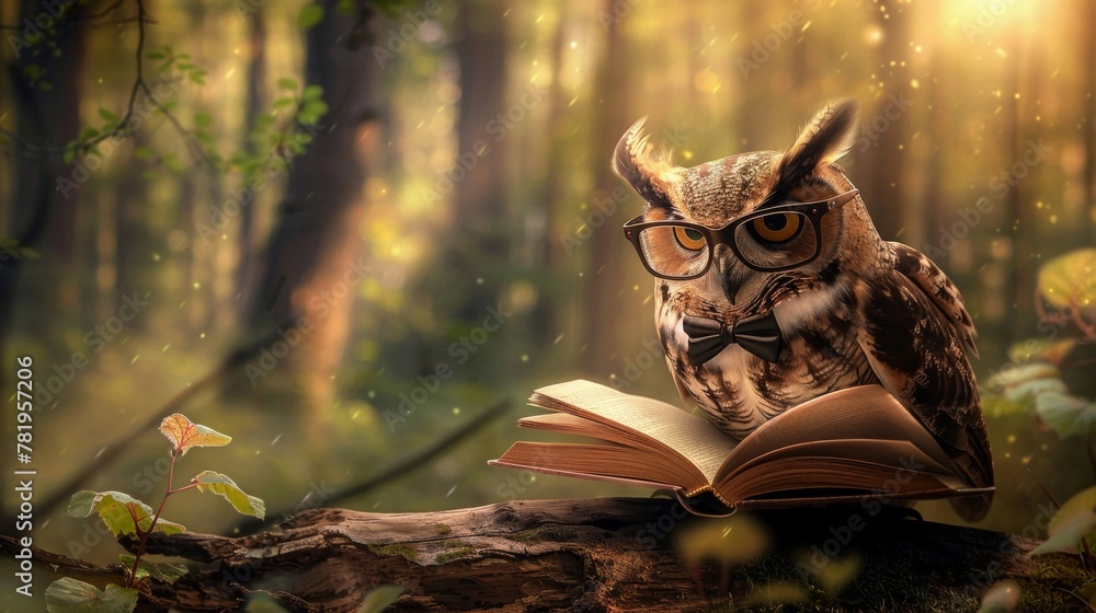 Poster magical scene of a wise owl with glasses reading an open book in a mystical forest.