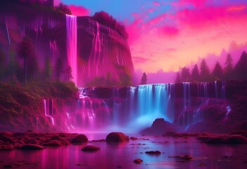pink waterfall and trees in the background of purple sky with lights - obrazy, fototapety, plakaty
