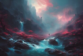 a man stands on a rocky cliff looking at the waterfall - obrazy, fototapety, plakaty