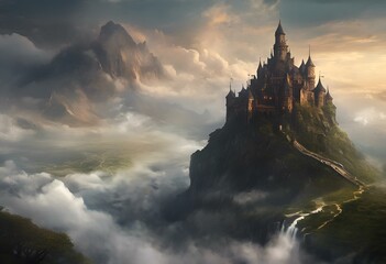 a castle in the middle of a mountain that has fog coming from its roof - obrazy, fototapety, plakaty