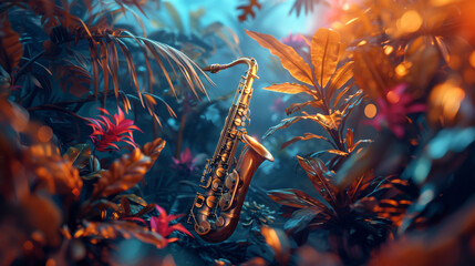 A sleek saxophone standing out against a backdrop of vibrant vegetation. - obrazy, fototapety, plakaty