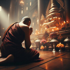 Back view of buddhist monk in orange robe praying in temple - 781957688