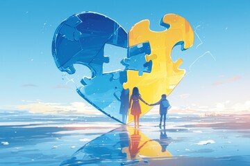 Closeup of two hands holding together three large puzzle pieces shaped like the heart symbol - obrazy, fototapety, plakaty