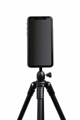 Smartphone upright on a black tripod against a bright, uncluttered background that is slanted to the right