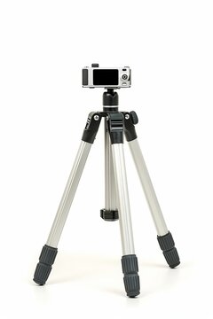 Small aluminum tripod for camera or smartphone isolated on white background