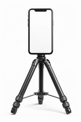 Isolated smartphone on a tripod camera with a blank screen against a white backdrop